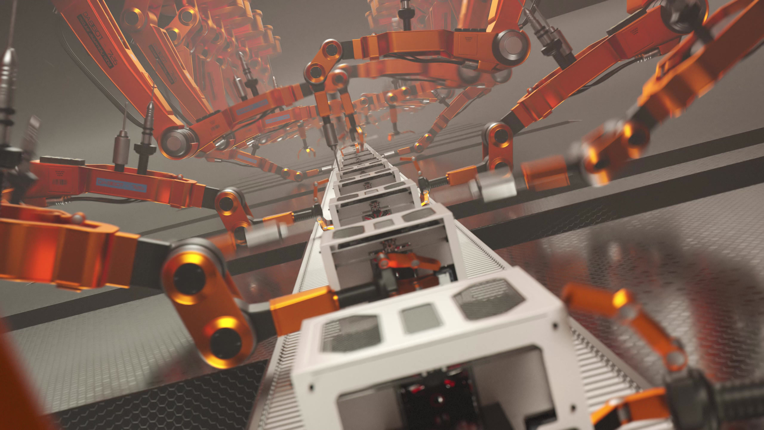 A multi-robot welding line working along an automotive body shell